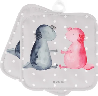 Produktbild von Mr. & Mrs. Panda Topflappen Axolotl Liebe - Grau Pastell - Geschenk, Ofenlappen, Set, topfhalter, Kochlappen, Schwanzlurch, Valentinstag, Topfuntersetzer
