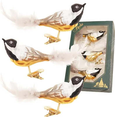 Produktbild von Krebs Glas Lauscha Christbaumschmuck - Vögel Weiß / Schwarz / Gold auf Clip 11cm - Glasschmuck