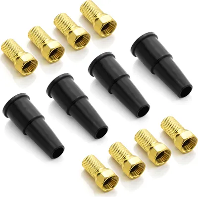 Produktbild von deleyCON SAT Montage Set 12 Teilig - 4X Gummitülle Kabelschutz Isolierkappe & 8X 7mm F-Stecker Vergoldet Schraubbar Gummidichtung Koaxialkabel Antennenkabel