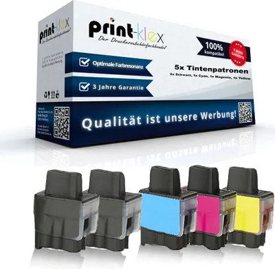 Produktbild von Print-Klex 5x kompatible Tintenpatronen kompatibel mit Bother LC900 MFC 640CW MFC 820CW MFC 830CLN MFC 830CLWN MFC 1180ME MFC 1185LH - Sparpack - Eco Plus Serie - 2x Black 1x Cyan 1x Magenta 1x Yellow