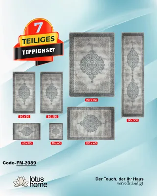A collection of rugs of various sizes displayed on a light blue and white gradient background, with text overlays indicating sizes and product information.