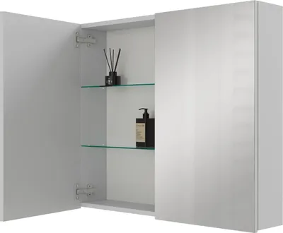 An open medicine cabinet with glass shelves and mirrored doors.
