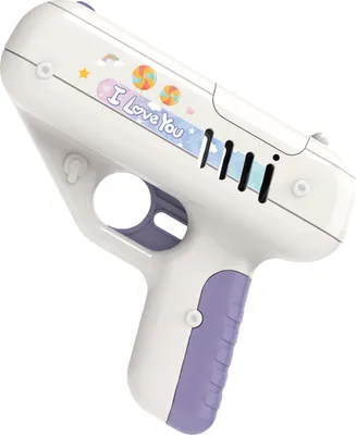 A white and purple toy gun with colorful stickers.