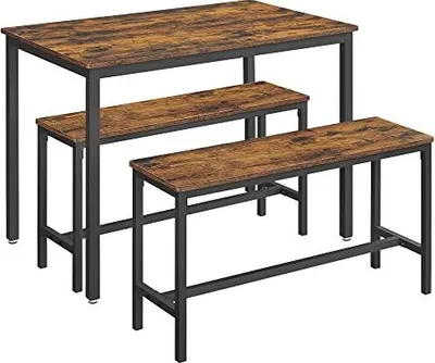 Image de Ensemble rustique de 3 salles à manger avec table et bancs Cadre en acier Design industriel