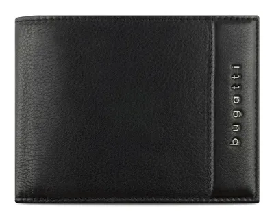 A black leather wallet with the Bugatti logo embossed vertically on the right side.