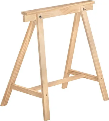 A wooden sawhorse on a white background.