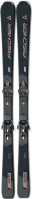 A pair of skis with bindings, presented upright against a white background.