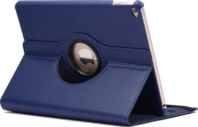 A dark blue iPad case with a rotating stand is shown against a white background.