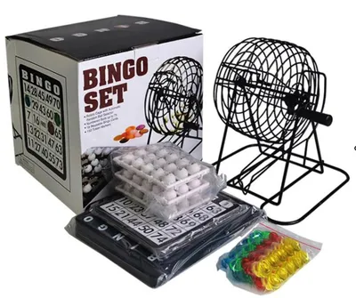 Produktbild von Klassisches Bingo Familienspiel mit Metalltrommel, 18 Karten und 150 Markern – Spaß für Kinder & Erwachsene