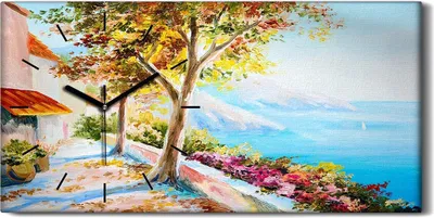 Produktbild von Küche Wohnzimmer Wand Leinwand Uhr 60x30 Ölgemälde Blumen Bäume Meer Himmel - schwarze Hände