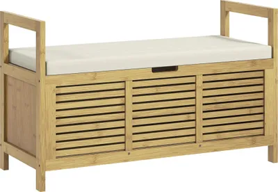 Zdjęcie produktu dla Ławka na buty Fortuna Lai z klapką i półką na buty, ławka do przedpokoju z bambusa, naturalny schowek do przedpokoju i korytarza, 100 x 40 x 60 cm