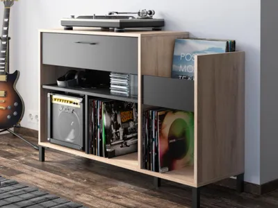 Produktbild von Youdoit JAZZY Regal, Eichendekor, Urban Style, 115x40x81 cm (BxTxH), Platinmöbel Serie, 1 Schublade, 5 Fächer, Stauraum für Plattenspieler, Umweltfreundlich