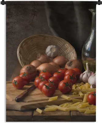 Produktbild von MuchoWow® Wandteppich Wandbehang Schneidebrett - Gemüse - Stillleben - Pasta - Aus - Tomate - Schneidebrett 90x120 cm Tapisserie Dekoration Wandtuch - Wanddeko