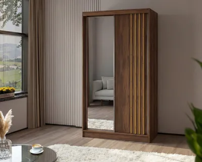 Produktbild von Masseno Schiebetürenschrank NELVIA 120/216/61 cm Modern Kleiderschrank 2-türig mit Spiegel Nussbaumfarben