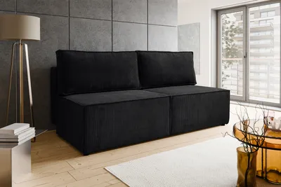 Image de BESILIO Canapé-lit deux places 192 cm Flabia - Canapé avec fonction sommeil et coffre de lit, tissu velours côtelé - Noir & Poso 135