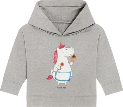 Produktbild von Mr. & Mrs. Panda Organic Baby Hoodie Einhorn Küche 12. - 18. Monat - Heather Grey - Geschenk, Träumen, Unicorn, Koch, Einhörner, Kapuzenshirt, Torte, Kapuzensweatshirt