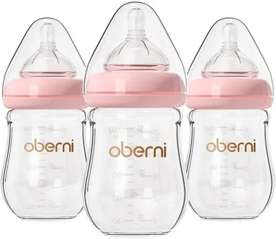 Immagine prodotto di Set di biberon per neonati, 3 pezzi, in vetro, anti-coliche, rosa, 150 ml