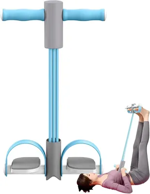 Produktbild von Bauchtrainer – 6 Widerstandsbänder – Bauchmuskeltrainer – Elastisches Fitnessband mit Griff und Pedal – Bauchmuskeltraining – Fitnessgerät – Blau