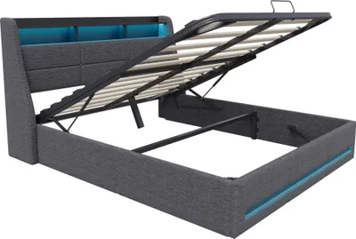 Obrázok produktu pre Čalúnená posteľ – dvojposteľ 140 x 200 cm – s úložným priestorom – čelo s LED osvetlením a USB – kovový rám – rošt
