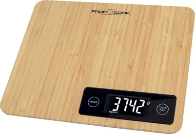 A digital kitchen scale with a bamboo surface and a black digital display.