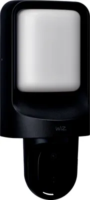 A black outdoor wall light with a camera attached to the bottom, set against a white background.