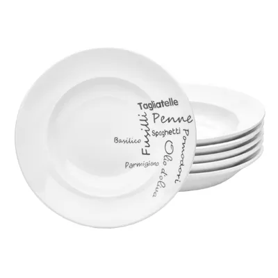 Produktbild von Pastateller Italia 27 cm 6er-Set Porzellan weiß mit grauem Druck – Van Well – spülmaschinen- & mikrowellengeeignet