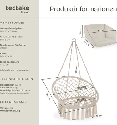 Produktbild von Tectake Hängesessel Grazia, 80x72x125 cm, 150 kg, für drinnen und draußen