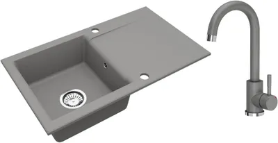 Produktbild von VBChome Granitspüle 76 x 44 cm Grau mit Armatur Einzelbecken Einbauspüle Reversibel Gesprenkelt Pflegeleichtes Spülbecken mit Siphon