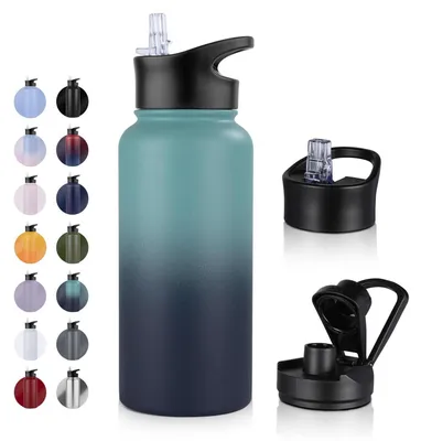 Immagine prodotto di Borraccia in acciaio inossidabile da 1 litro con cannuccia, a prova di perdite, thermos, verde e blu
