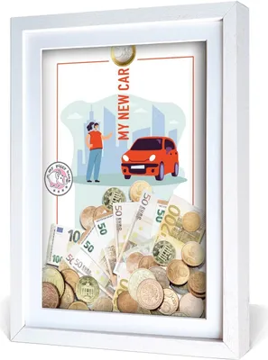 Produktbild von aFFa frames My Piggy Bank Spardose, 3D Bilderrahmen zum Befüllen, Geldgeschenke Verpackung für Auto, Haus, Geburtstag, mit Acrylglasfront, aus Holz, 32x42x2,5cm, Weiß,  Rahmen Neuwagen Muster