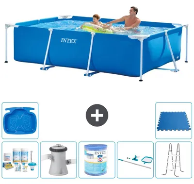 Produktbild von Rechteckiges Schwimmbecken - 260 x 160 x 65 cm - Blau - Komplett mit Pflegekoffer - Schwimmbeckenpumpe - Filter - Reinigungssatz - Leiter - Fußbad - Bodenfliesen