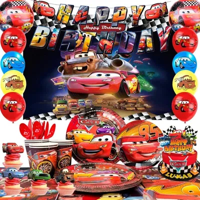 Produktbild von 10 Personen Geburtstagsdeko Set Auto Rennwagen Partygeschirr Ballons Banner