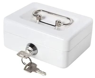 Produktbild von Geldkassette abschließbar - mit Schlüssel/Münzfach - 150x120x80 mm - Kleine Geldkassette Metall - Geldbox mit Schloss - Bargeld Tresor - Weiß