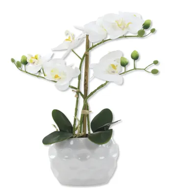 Produktbild von Kunst-Pflanze Orchidee ovaler Topf weiß hochglanz und weiße Blüten 33cm hoch künstliche Blume Phalaenopsis