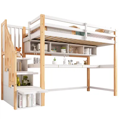 Produktbild von Hochbett mit Lattenrost, 90x200 cm, Kinderbett mit Treppe, Stauraum, Schreibtisch, Regalen und Rausfallschutz, Kiefer