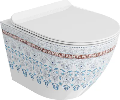 Produktbild von LAVITA Wand-WC Sofi Slim Folklor | HŠnge Toilette | Toilettendeckel mit Absenkautomatik & Metallscharniere | Toiletten SpŸlrandlos HŠngend | Toilettenbecken | 365x490x395 cm | Wei§/Blue
