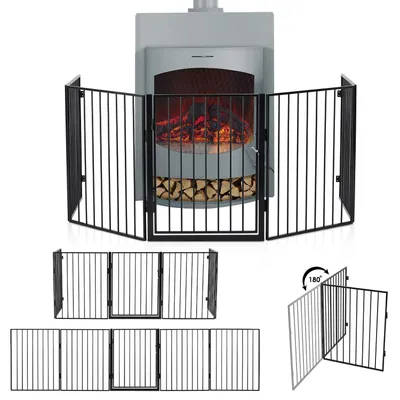 A fireplace screen protector is shown in front of an electric fireplace. The screen is made of metal bars and has multiple panels that can be folded. Below the main image, there are smaller images showing different configurations of the screen and a diagra