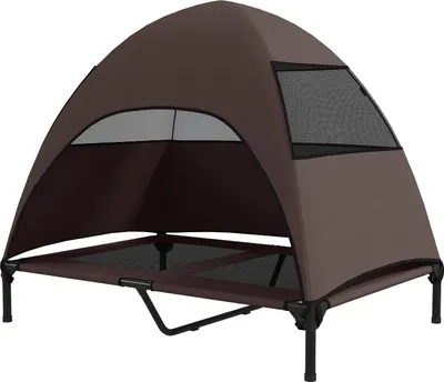 Produktbild von Hundeliege Outdoor mit Dach, Erhöhtes Hundebett für Große Hunde, Kühlendes Haustierliege mit Waschbares Mesh Metallrahmen Tragtasche, Haustierbett für Draußen Camping 106x76x99cm, Kaffee |