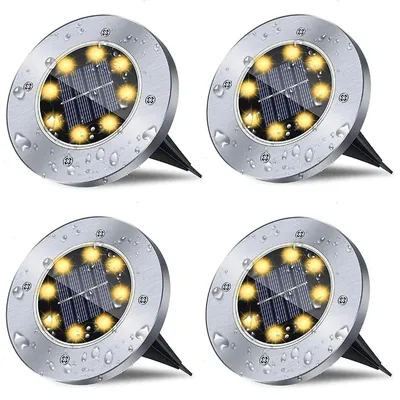 Image de Lot de 4 lampes LED pour pelouse - Lampes de jardin/d'allée - IP65 - Acier inoxydable - 8 LED par lampe - 5 V - Blanc chaud