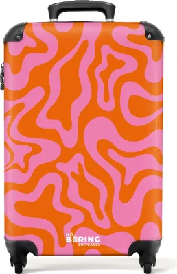 Produktbild von NoBoringSuitcases.com® Koffer Handgepäck Trolley Rollkoffer Kleine Reisekoffer mit 4 Rollen - Orange mit rosa abstraktem Muster - Cabin Size < 55x40x23 cm & 55x40x20 cm - Fotokoffer - Kabinenkoffer - BoardgepäckHandgepäck Koffer 55x35x20 cm, 36L,