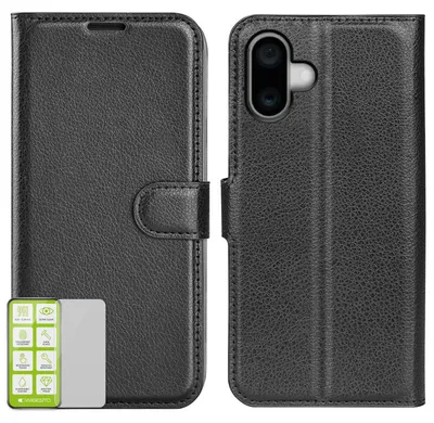 Obrázok produktu pre Puzdro na mobilný telefón Apple iPhone 16 Plus, čierne, z umelej kože + tvrdené sklo H9