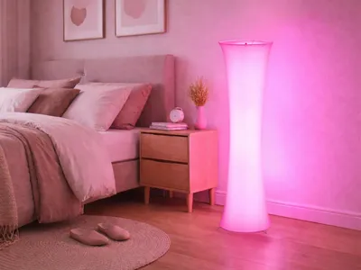 Produktbild von Kleine LED Stehlampe mit Stoffschirm, Lichtsäule mit RGBW Leuchtmitteln H: 123cm