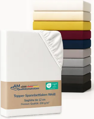 Produktbild von AM Qualitätsmatratzen | Premium Spannbettlaken 160x200  cm | Baumwolle (200gsm) in Weiß |  Germany |  es Bettlaken | Jersey Spannbetttuch | Fitted Sheets | Baumwolle |160  x 200  cm
