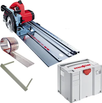A collection of Mafell tools and accessories, including a circular saw with a track, a roll of material, a metal bracket, and a storage case.