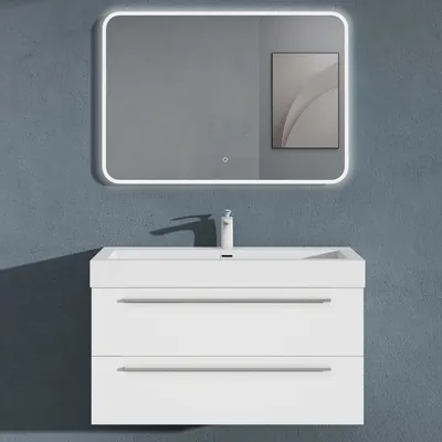 Image de doporro Meuble de Salle de Bains Blanc Mat Ensemble de 3 Pièces Meuble Suspendu avec Lavabo 100 cm et Miroir LED Design Quadratto
