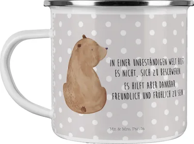 Produktbild von Mr. & Mrs. Panda Haferl Bär Schulterblick - Grau Pastell - Geschenk, Selbstachtung, Pott, Bären, Emaille Tasse, becher, Teddy, emaillebecher, Weltansicht, Teetasse