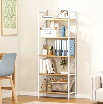 Produktbild von Bücherregal 5 Ebenen, Standregal Freistehend, Holzregal mit Stahlrahmen, 60x30x158cm, Weiß & Natureichenfarben