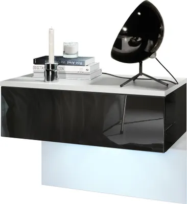 Produktbild von Vladon Nachttisch Sleep,  Germany, Nachttischschrank mit Schublade zur Wandmontage, Weiß matt/Schwarz Hochglanz, inkl. LED-Beleuchtung (60 x 46 x 35 cm)