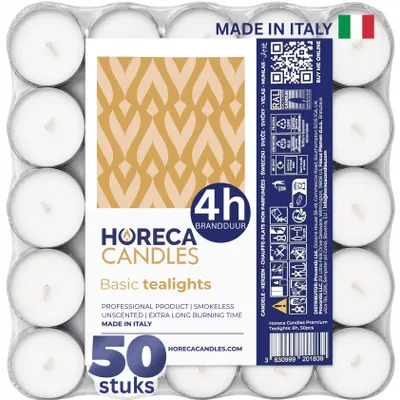 Productafbeelding van HORECA CANDLES Theelichtjes 50 stuks, wit, 4 uur brandduur, ongeparfumeerd