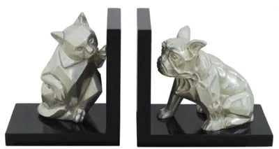 Produktbild von Casa Padrino Luxus Buchstützen Set Katze & Hund Silber / Schwarz 18 x 18 x H. 10 cm - Deko Bronzefiguren mit Holzsockel